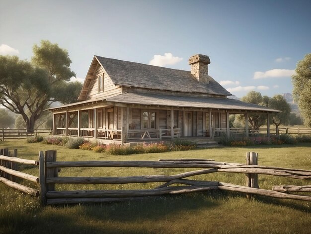 写真 田舎の周囲と木製のフェンスを持つ牧場の家