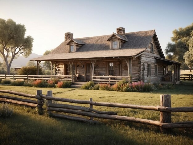 Ranch house with rustic surrounding and picket fence