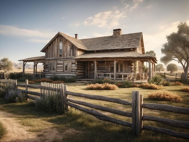 Photo ranch house with rustic surrounding and picket fence