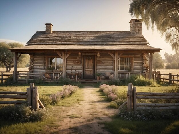 Photo ranch house with rustic surrounding and picket fence