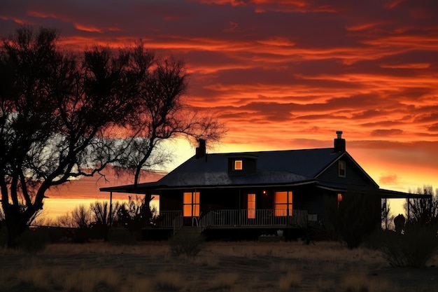 生成 AI で作成された、燃えるような空を背景に家のシルエットを描いた夕日の見える牧場の家