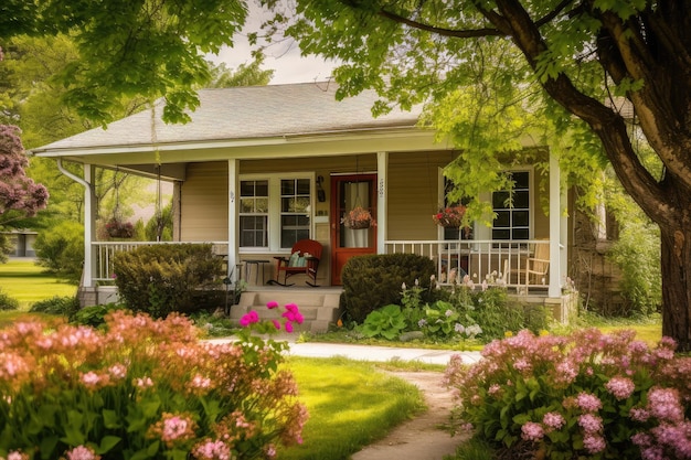 Ranch house with welcoming front porch and swing surrounded by blooming flowers