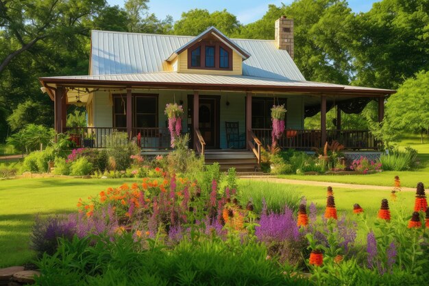 Ranch house with wraparound porch surrounded by colorful flowers created with generative ai