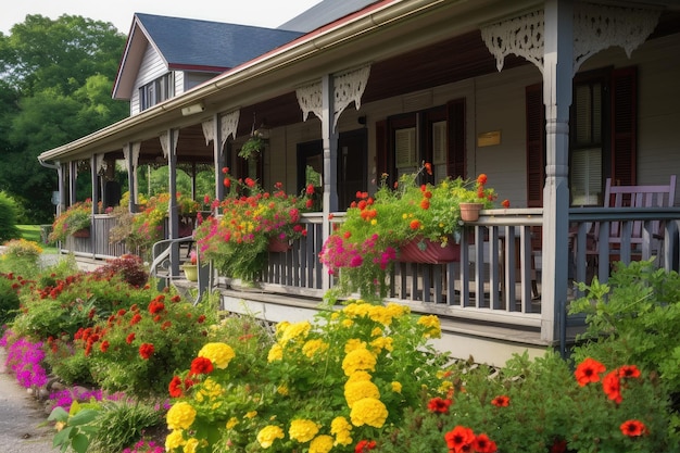 Ranch house with wraparound porch surrounded by colorful flowers