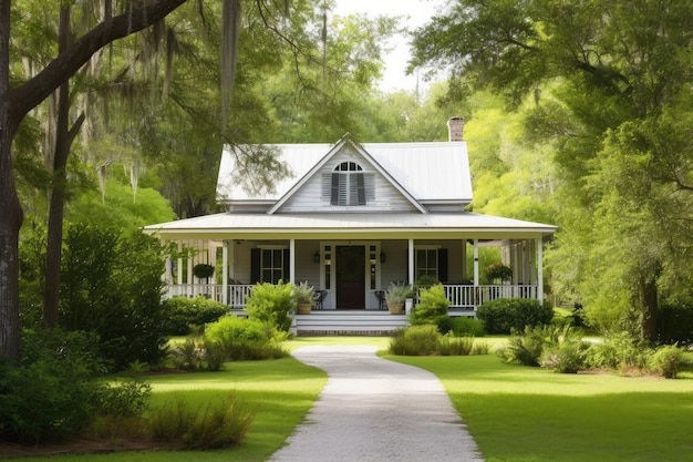 Ranch huis met omhullende veranda omgeven door weelderig groen