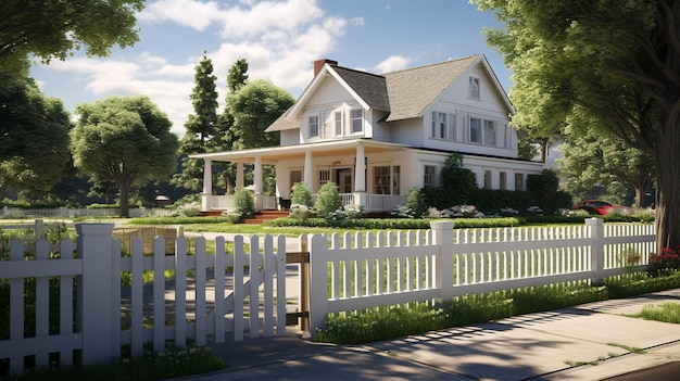 Дом в стиле ранчо с просторным передним двором и белым частоколом
