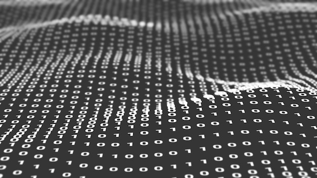 Фото Случайные цифровые двоичные данные, движущиеся на фоне волны, абстрактная футуристическая иллюстрация концепции киберпространства технологии компьютерного программного кода