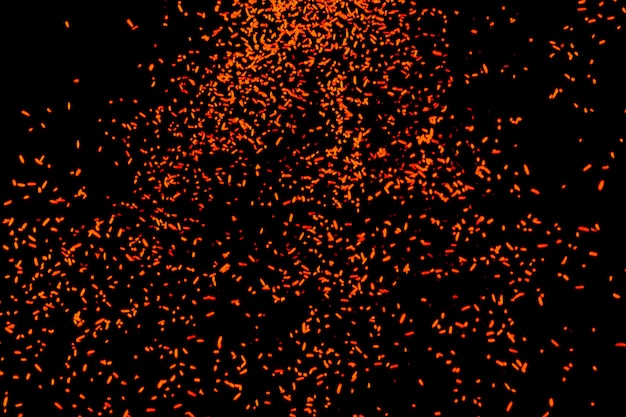 Random flying red orange color particles isolated on the black background