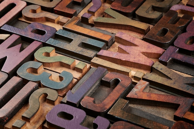 Random letters in vintage letterpress wooden blocks