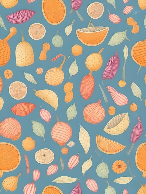 Random seamless pattern illustrated and digitally drawn in retro style with pastel colors