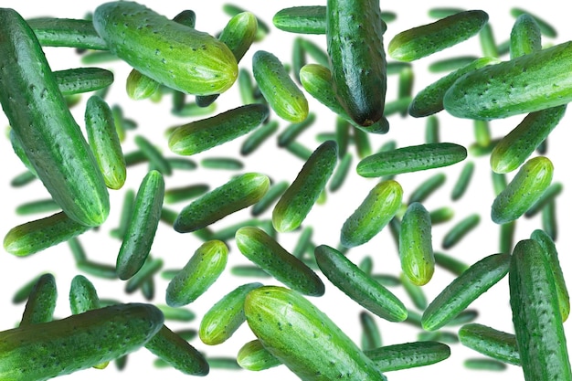 Randomly flying fresh cucumbers isolated on white background