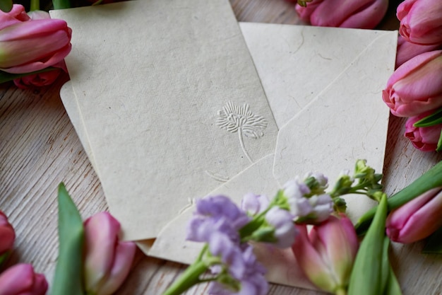 Randomly scattered pink tulips lay on a wooden texture Kraft envelope