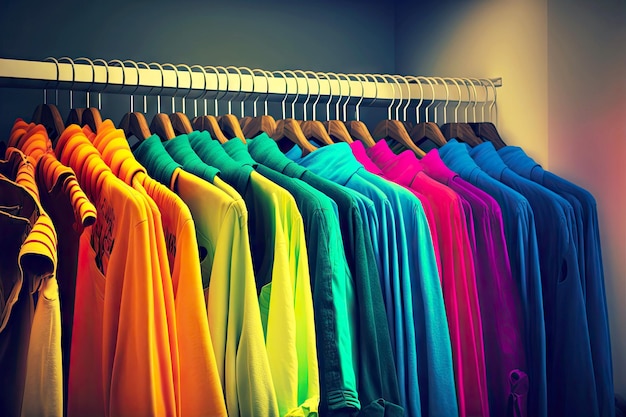 Range of clothes in bright colors on hangers in stock of clothes store