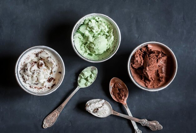 Range of coconut milk ice cream with chocolate matcha powder chocolate chips and vanilla