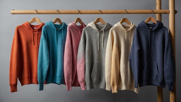 Photo a range of different colorful youth cashmere sweaters and hoodies generative ai