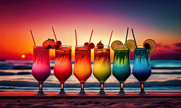 A range of fresh summer cocktails on a tropical beach generative AI