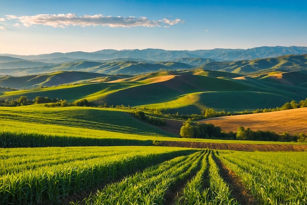 Фото Горный хребет, используемый для сельского хозяйства, пейзаж с чистым небом ai generative