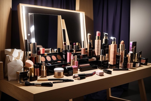 a range of premium makeup products on the wooden board against a glamorous backstage setting
