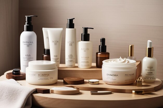 Photo a range of premium skincare products and cosmetics on the wooden board set against a minimalist highend bathroom