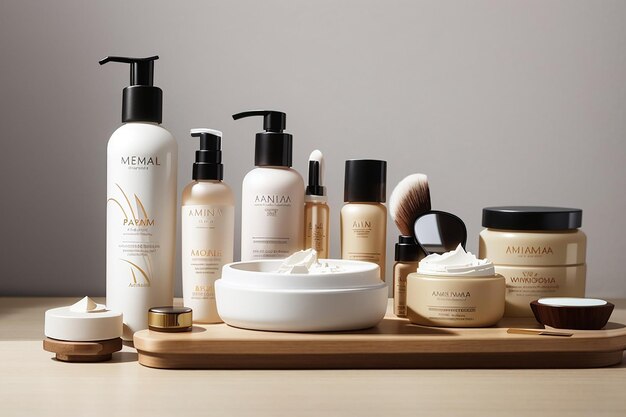 Photo a range of premium skincare products and cosmetics on the wooden board set against a minimalist highend bathroom