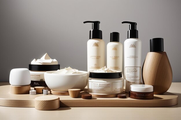 a range of premium skincare products and cosmetics on the wooden board set against a minimalist highend bathroom