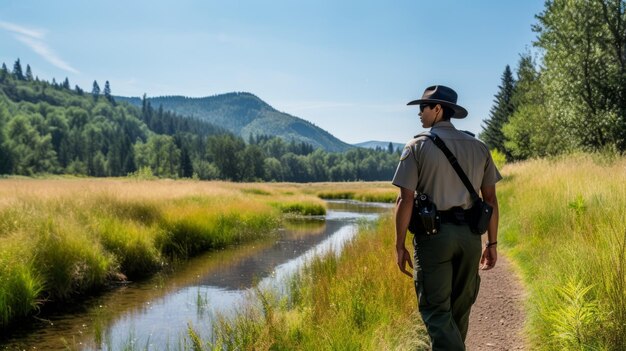 Ranger in hoed is in het park Scenic view Mooie illustratie foto Generatieve AI