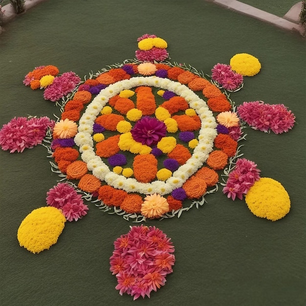 Rangoli being made on a marble stone floor with colored powder on eve of diwali