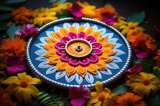 Rangoli colorful pattern for Hindu festivals celebration top view