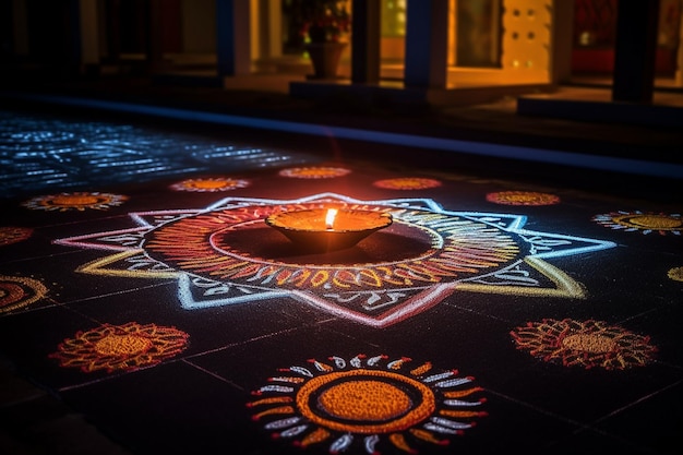 Rangoli kolam en diya lamp decoratie Diwali feestconcept Generatieve AI