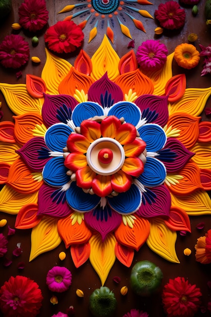 Foto rangoli kunstwerk dat de vloer siert met betoverende geometrische patronen diwali viering concept