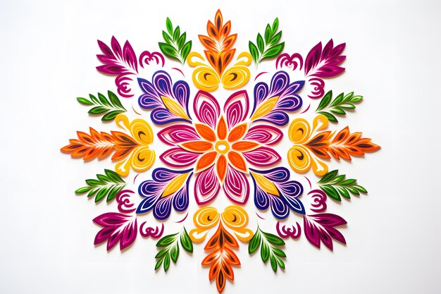 Foto rangoli mandala design con colori vivaci pattern di sfondo isolato su bianco