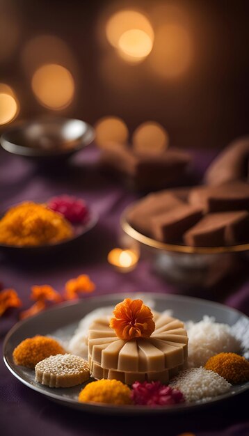 Foto riso rangoli e dolci per la celebrazione di diwali