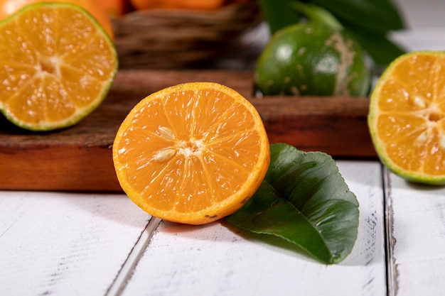 사진 rangpur citrus limonia 또는 citrus reticulata medica는 때때로 rangpur 라임 만다린 라임 또는 레만다린이라고도 하며 만다린 오렌지와 유자 사이의 잡종입니다