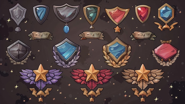 Ranking badge set with star insignia from a military game Modern cartoon illustration of award medals with textures such as stone iron silver and gold Level achievement icons decorated with