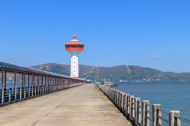 Ranong Thailand February 19 2019 Lighthouse on Andaman sea custom and immigration office at border to Myanmar