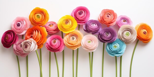 Ranunculus of different colors on a white background closeup generative ai