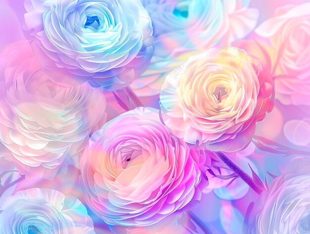 Photo ranunculus flower background red flowers background beautiful and mysterious ranunculus patterns in iridescent colors vibrant elegant mystical background light mist detailed