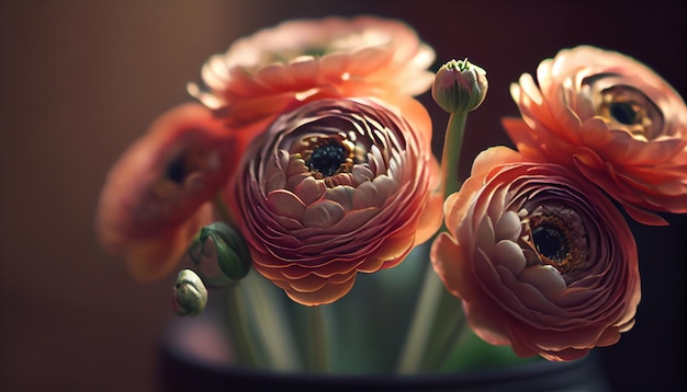 Ranunculus 꽃 꽃다발 근접 촬영 아름다운 조명 배경