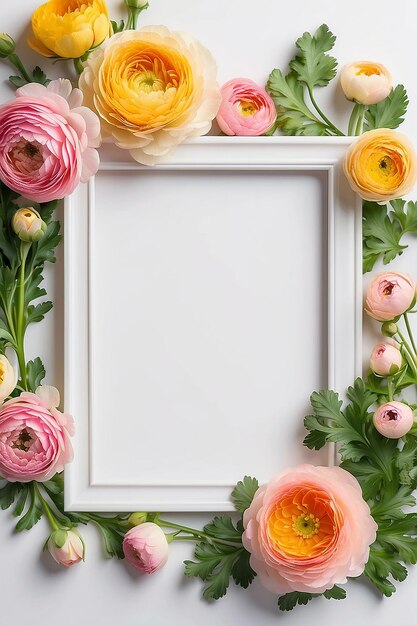 Photo ranunculus radiance blank frame mockup with white empty space for placing your design