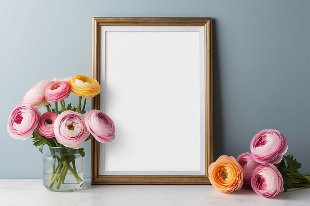 Photo ranunculus radiance realm blank frame mockup with white empty space for placing your design