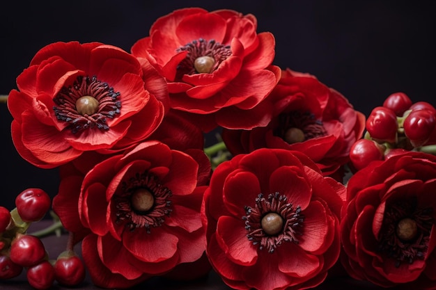 白い花の上に赤い花のラヌンキュリウス花束