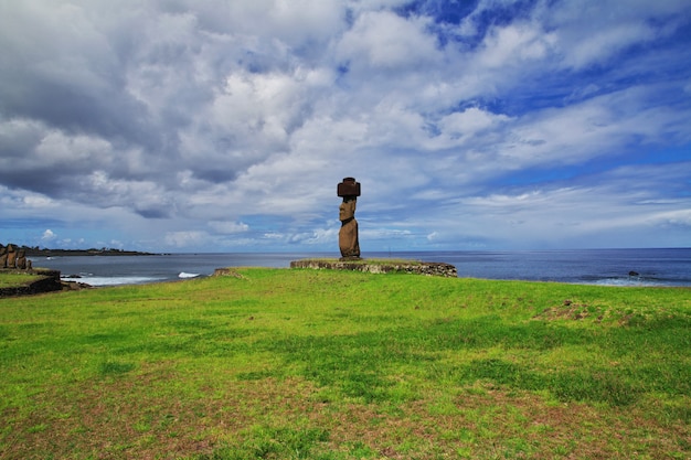 Rapa nui. la statua moai in ahu tahai sull'isola di pasqua, cile