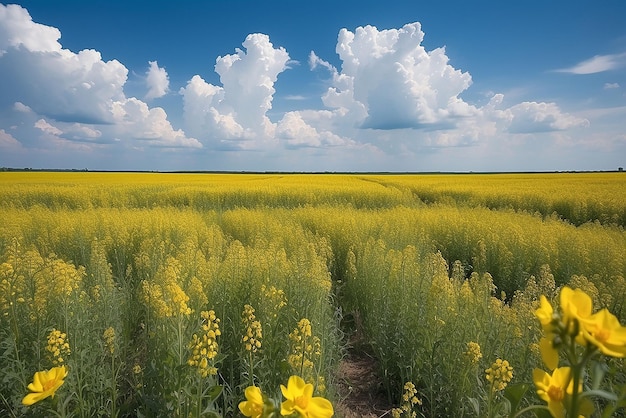 ラップシード 畑 青い空 雲 夏 美しいパノラマ景色 黄色い花 畑の花