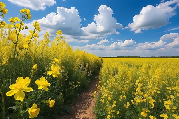 rapeseed field blue sky clouds summer beautiful view panorama landscape yellow flowers field blossoms