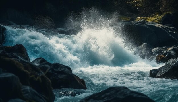 AIが生成した岩崖に跳ね上がる急流渓流