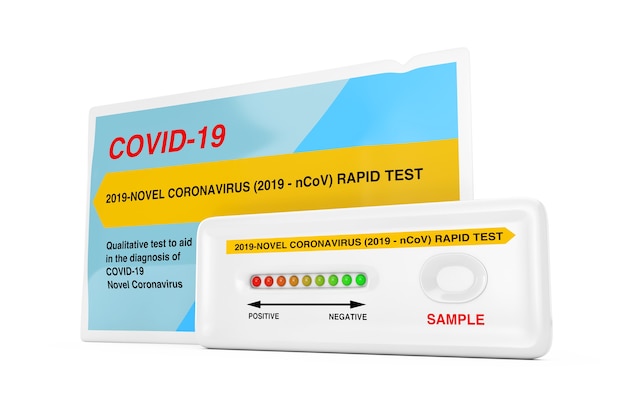 ウイルス性疾患の迅速検査装置新しいコロナウイルスCOVID-192019 n-CoV、白い背景にパッケージ付き。 3Dレンダリング