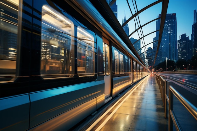 Rapid urban transit Overpass motion blur against the city backdrop