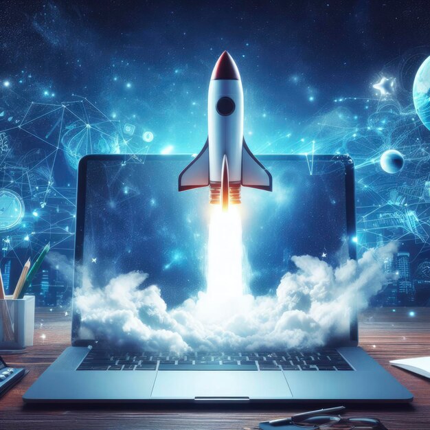 rapidly developing technologies rocket flying out of laptop ai generative