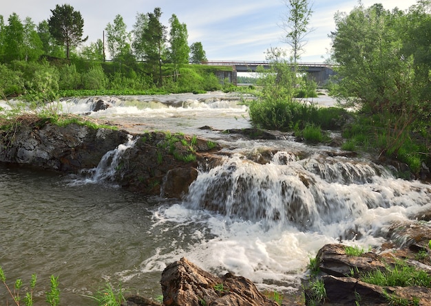 Rapide sul fiume suenga sponda di pietra di un fiume di montagna corsi d'acqua con schiuma bianca