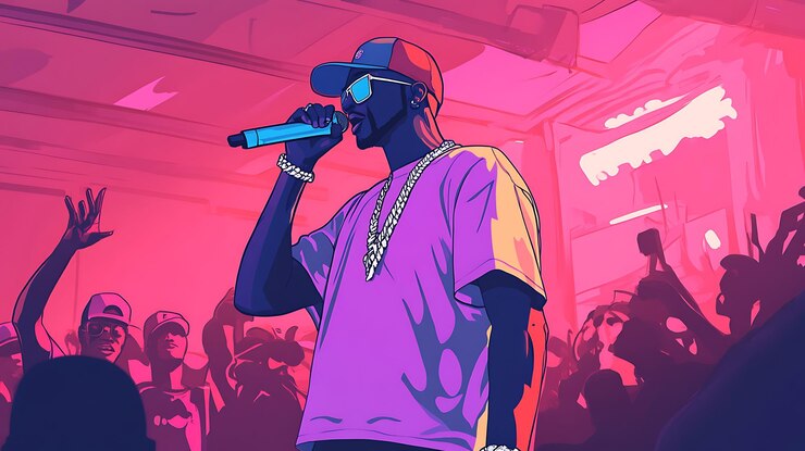 Photo rapper performing on stage with enthusiastic crowd